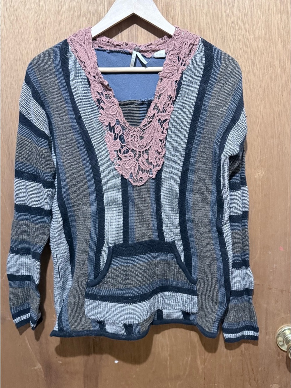 gimmicks by BKE Striped Knit V-Neck Sweater with Pink Lace Trim